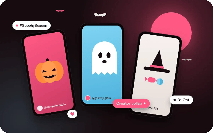 Animated illustration: three phone screens showing Halloween creator content (a jack-o'-lantern, a ghost and a witch's hat with candy) under a pink moon with flying bats