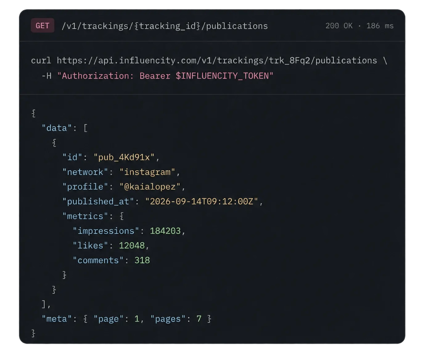 Code snippet showing an Influencer Marketing API request Code snippet showing an Influencer Marketing API request