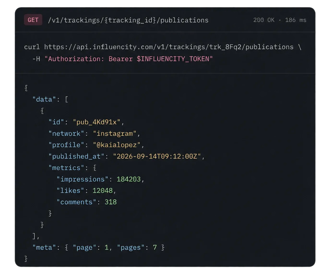 Code snippet showing an Influencer Marketing API request